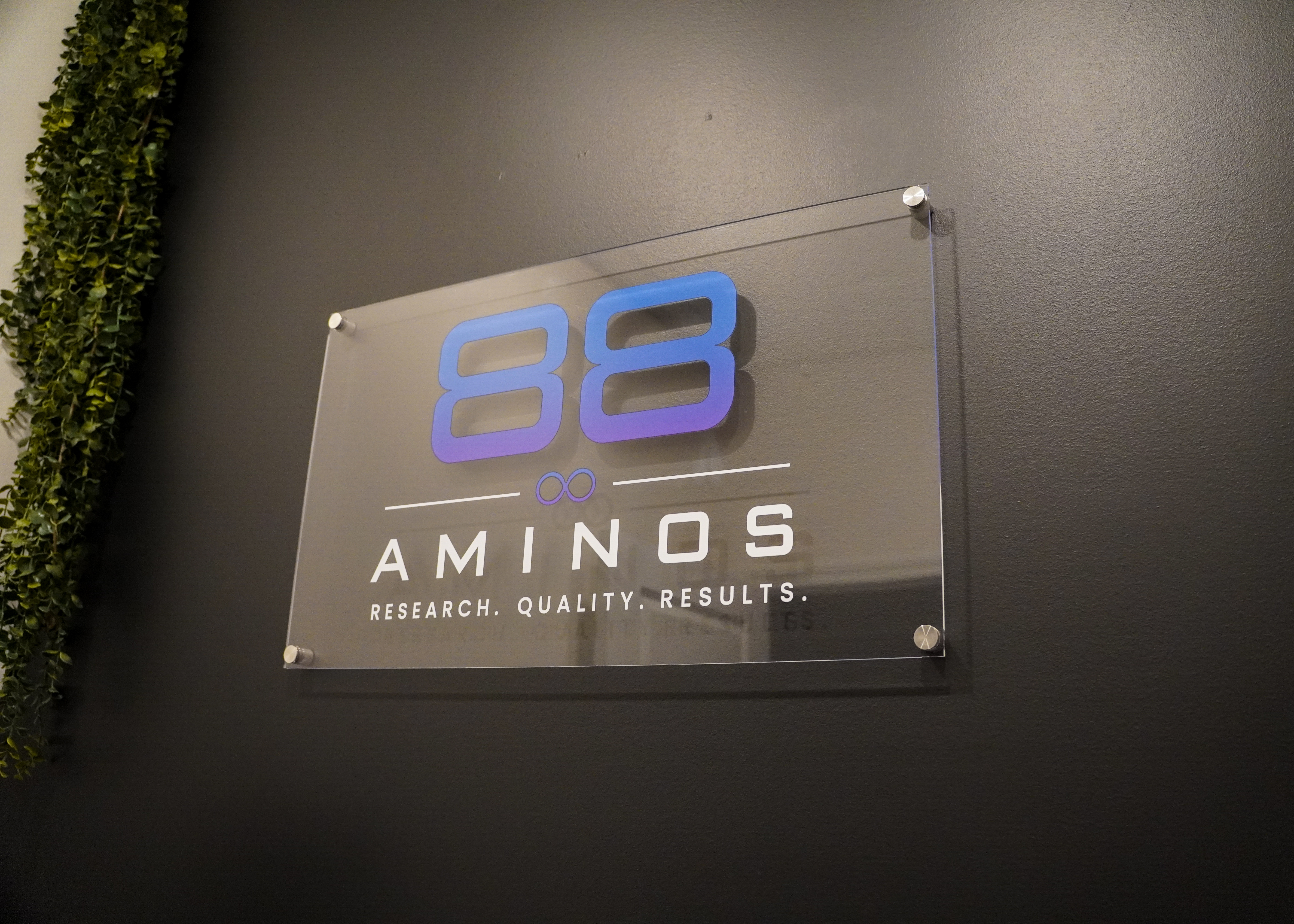88 Aminos acrylic wall sign on the dark studio wall